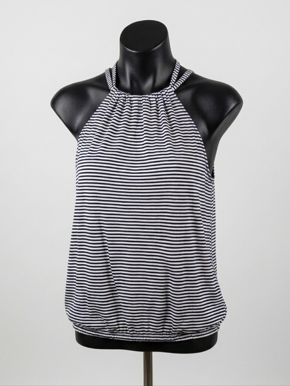 Max Studio Striped Halter Tank Top Bubble Hem Sz L NWT Rayon Black White